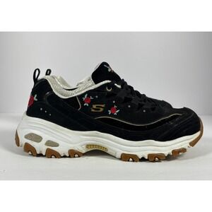 Skechers DLites Rose Embroidery Black White Chunky Sneakers 13084 Womens 7.5